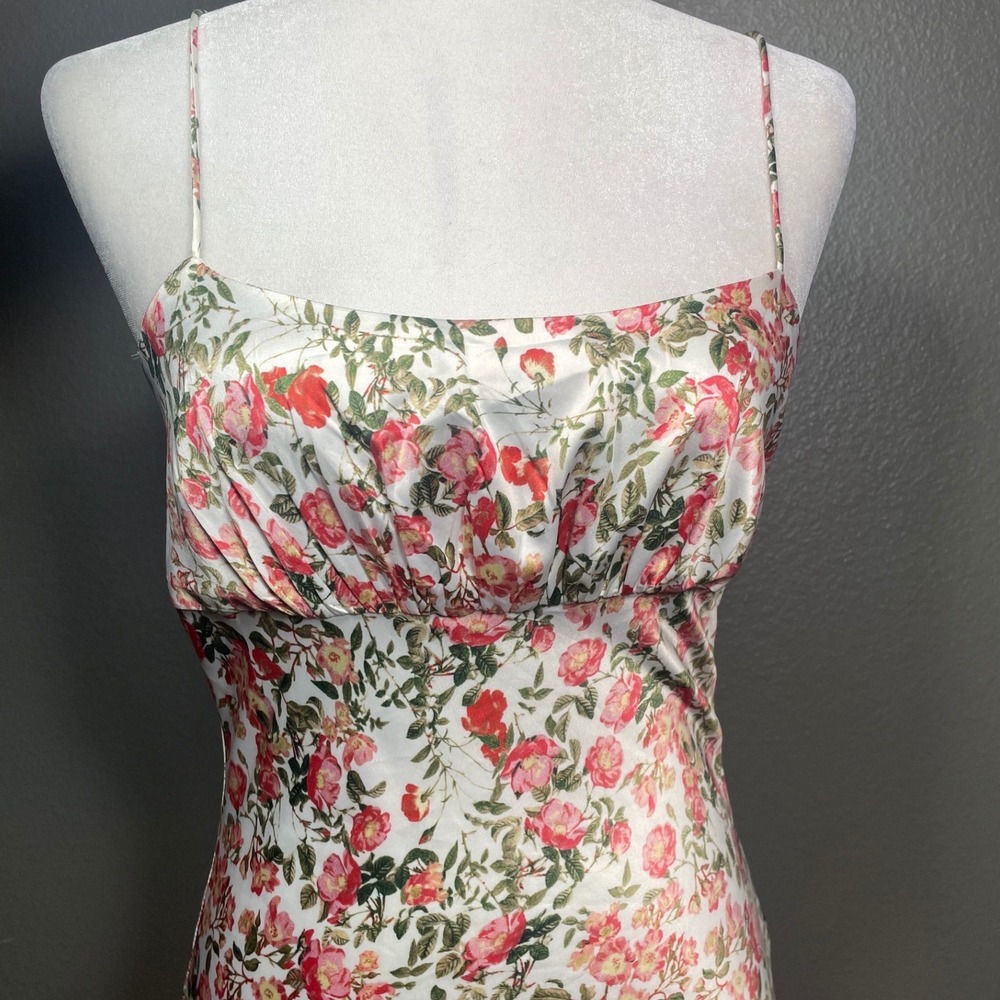 AQUA Floral Satin Slip Dress XS Pink Red Rose Print Ruched Mini Spaghetti Strap